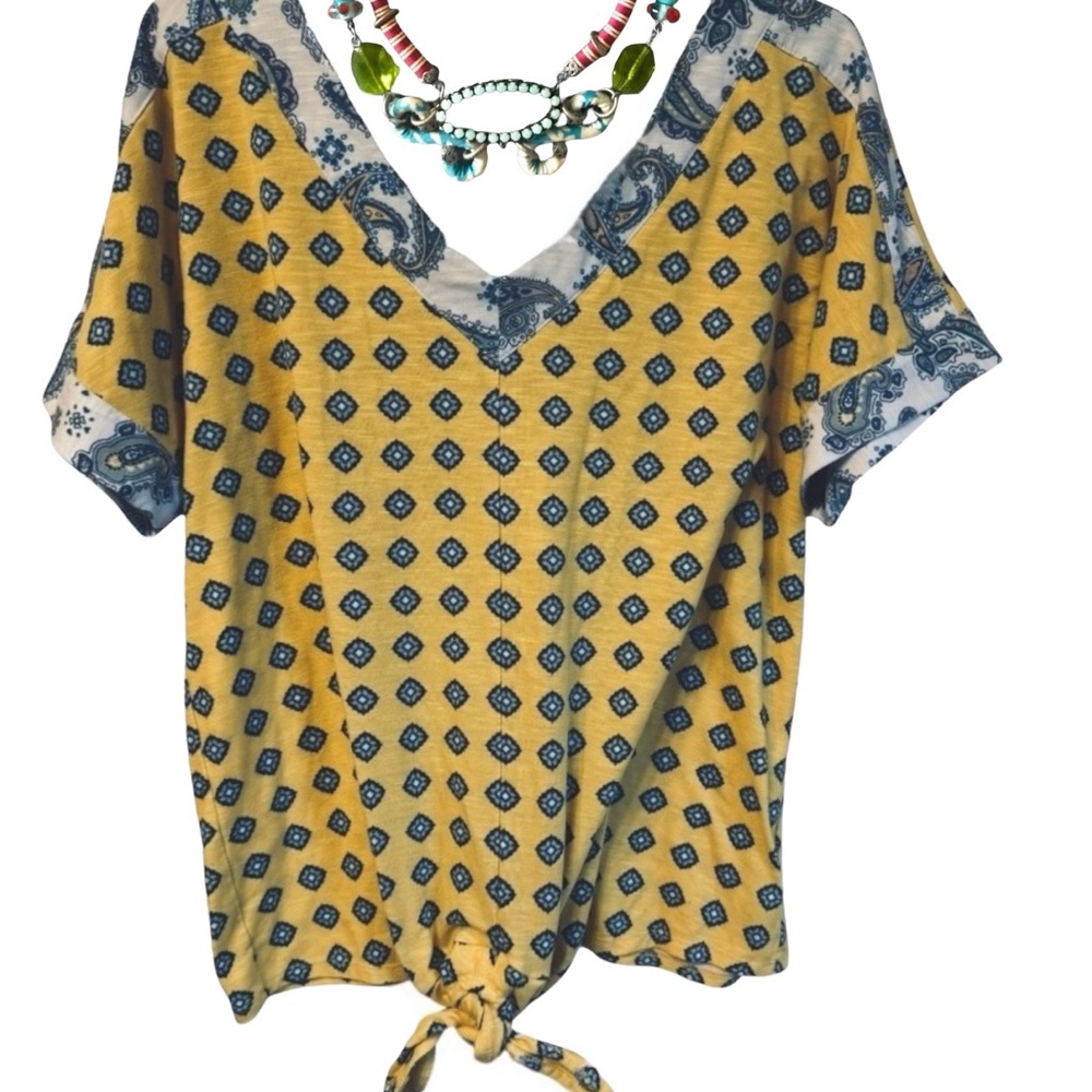JM Collection Mustard and Navy Geometric Blouse